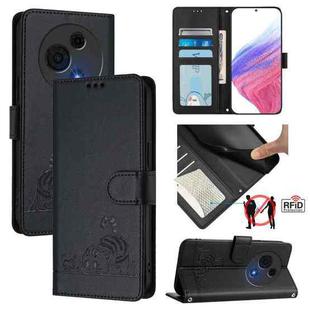 For TCL 60 NxtPaper Cat Rat Embossed Pattern RFID Leather Phone Case with Lanyard(Black)