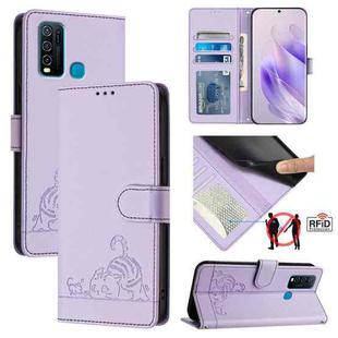 For vivo Y30 4G Global  Cat Rat Embossed Pattern RFID Leather Phone Case with Lanyard(Purple)