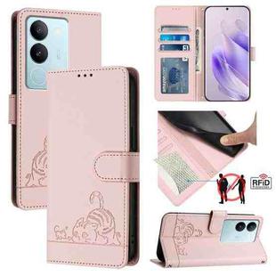 For vivo V29 5G Global / V29 Pro Cat Rat Embossed Pattern RFID Leather Phone Case with Lanyard(Pink)