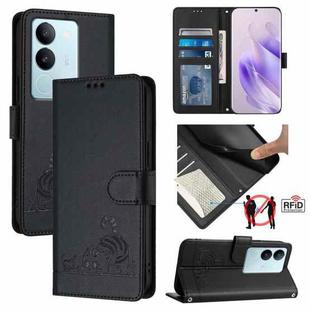 For vivo V29 5G Global / V29 Pro Cat Rat Embossed Pattern RFID Leather Phone Case with Lanyard(Black)