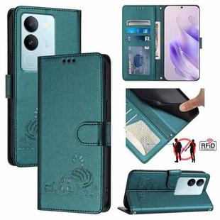 For vivo V29 5G Global / V29 Pro Cat Rat Embossed Pattern RFID Leather Phone Case with Lanyard(Peacock Green)