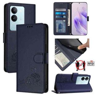 For vivo V29 5G Global / V29 Pro Cat Rat Embossed Pattern RFID Leather Phone Case with Lanyard(Blue)