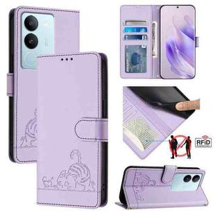 For vivo V29 5G Global / V29 Pro Cat Rat Embossed Pattern RFID Leather Phone Case with Lanyard(Purple)