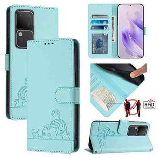 For vivo V30 5G Global Cat Rat Embossed Pattern RFID Leather Phone Case with Lanyard(Mint Green)