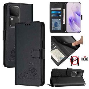 For vivo V30 5G Global Cat Rat Embossed Pattern RFID Leather Phone Case with Lanyard(Black)