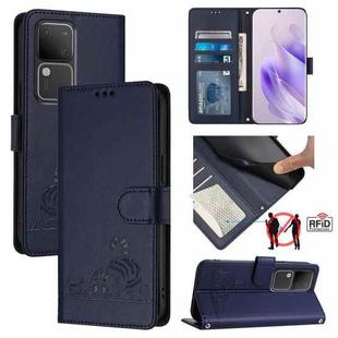 For vivo V30 5G Global Cat Rat Embossed Pattern RFID Leather Phone Case with Lanyard(Blue)