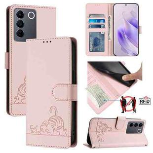 For vivo V27 5G Global Cat Rat Embossed Pattern RFID Leather Phone Case with Lanyard(Pink)