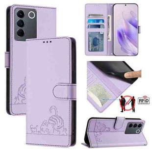 For vivo V27 5G Global Cat Rat Embossed Pattern RFID Leather Phone Case with Lanyard(Purple)