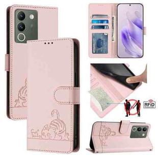 For vivo V29E 5G Global Cat Rat Embossed Pattern RFID Leather Phone Case with Lanyard(Pink)