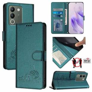 For vivo V29E 5G Global Cat Rat Embossed Pattern RFID Leather Phone Case with Lanyard(Peacock Green)