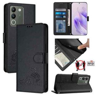 For vivo V30 Lite 5G Global Cat Rat Embossed Pattern RFID Leather Phone Case with Lanyard(Black)