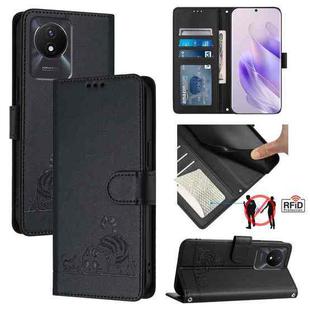 For vivo Y02A 4G / Y02 4G Cat Rat Embossed Pattern RFID Leather Phone Case with Lanyard(Black)
