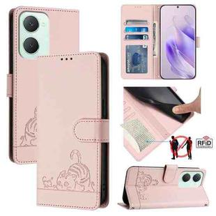For vivo Y03 4G Global Cat Rat Embossed Pattern RFID Leather Phone Case with Lanyard(Pink)