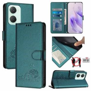 For vivo Y03 4G Global Cat Rat Embossed Pattern RFID Leather Phone Case with Lanyard(Peacock Green)