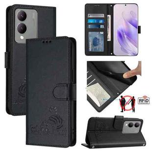 For vivo Y17S 4G Global Cat Rat Embossed Pattern RFID Leather Phone Case with Lanyard(Black)