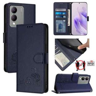 For vivo Y17S 4G Global Cat Rat Embossed Pattern RFID Leather Phone Case with Lanyard(Blue)