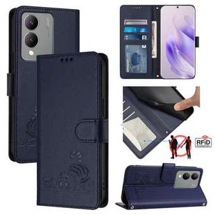 For vivo Y17S 5G India Cat Rat Embossed Pattern RFID Leather Phone Case with Lanyard(Blue)