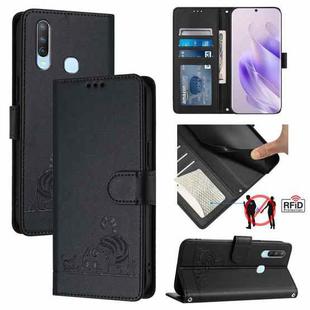 For vivo Y17 / Y15 / Y12 / Y11 Cat Rat Embossed Pattern RFID Leather Phone Case with Lanyard(Black)