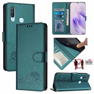 For vivo Y17 / Y15 / Y12 / Y11 Cat Rat Embossed Pattern RFID Leather Phone Case with Lanyard(Peacock Green)