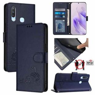 For vivo Y17 / Y15 / Y12 / Y11 Cat Rat Embossed Pattern RFID Leather Phone Case with Lanyard(Blue)