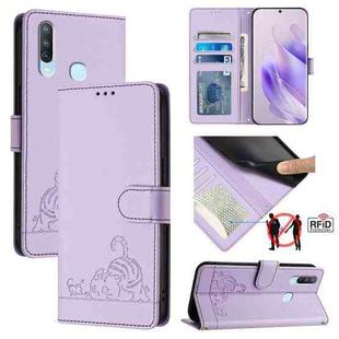 For vivo Y17 / Y15 / Y12 / Y11 Cat Rat Embossed Pattern RFID Leather Phone Case with Lanyard(Purple)