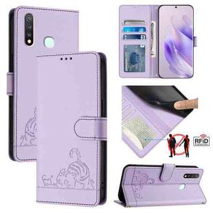 For vivo Y19 / U3 / Y5S / Z5i / U20 Cat Rat Embossed Pattern RFID Leather Phone Case with Lanyard(Purple)