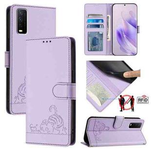 For vivo Y12S / iQOO U1x Cat Rat Embossed Pattern RFID Leather Phone Case with Lanyard(Purple)