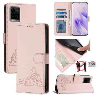 For vivo Y21 2021 / Y21S / Y21T Cat Rat Embossed Pattern RFID Leather Phone Case with Lanyard(Pink)