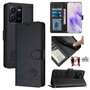 For vivo Y35 4G Global Cat Rat Embossed Pattern RFID Leather Phone Case with Lanyard(Black)