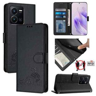 For vivo Y22 4G Global Cat Rat Embossed Pattern RFID Leather Phone Case with Lanyard(Black)