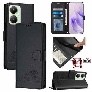 For vivo Y27 4G 2023 Global Cat Rat Embossed Pattern RFID Leather Phone Case with Lanyard(Black)