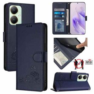 For vivo Y27 4G 2023 Global Cat Rat Embossed Pattern RFID Leather Phone Case with Lanyard(Blue)