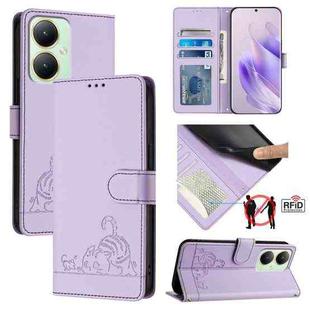 For vivo Y27 4G 2023 Global Cat Rat Embossed Pattern RFID Leather Phone Case with Lanyard(Purple)