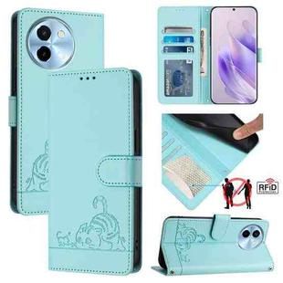 For vivo Y38 5G Cat Rat Embossed Pattern RFID Leather Phone Case with Lanyard(Mint Green)