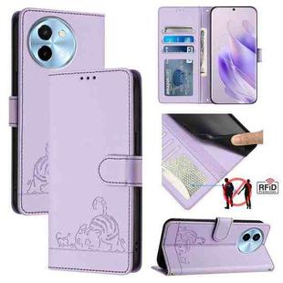 For vivo Y38 5G Cat Rat Embossed Pattern RFID Leather Phone Case with Lanyard(Purple)