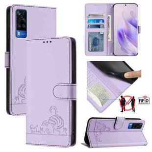 For vivo Y51 2020 India Cat Rat Embossed Pattern RFID Leather Phone Case with Lanyard(Purple)