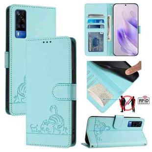 For vivo Y31 4G 2021 India Cat Rat Embossed Pattern RFID Leather Phone Case with Lanyard(Mint Green)