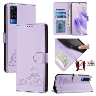 For vivo Y31 4G 2021 India Cat Rat Embossed Pattern RFID Leather Phone Case with Lanyard(Purple)