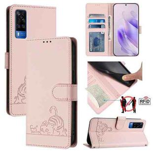 For vivo Y33 4G 2021 Cat Rat Embossed Pattern RFID Leather Phone Case with Lanyard(Pink)