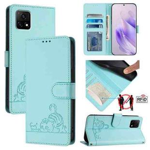 For vivo Y52S 5G / iQOO U3 Cat Rat Embossed Pattern RFID Leather Phone Case with Lanyard(Mint Green)