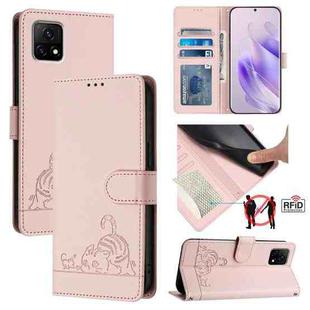 For vivo Y52S 5G / iQOO U3 Cat Rat Embossed Pattern RFID Leather Phone Case with Lanyard(Pink)