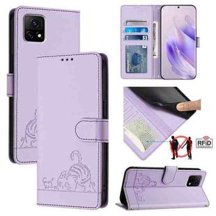 For vivo Y52S 5G / iQOO U3 Cat Rat Embossed Pattern RFID Leather Phone Case with Lanyard(Purple)