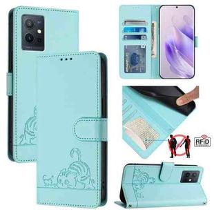 For vivo Y55 5G Global Cat Rat Embossed Pattern RFID Leather Phone Case with Lanyard(Mint Green)