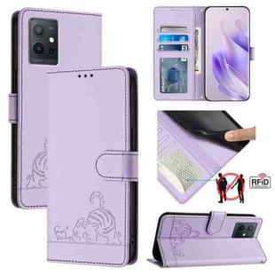 For vivo Y55 5G Global Cat Rat Embossed Pattern RFID Leather Phone Case with Lanyard(Purple)