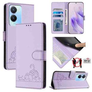 For vivo Y56 5G Global Cat Rat Embossed Pattern RFID Leather Phone Case with Lanyard(Purple)