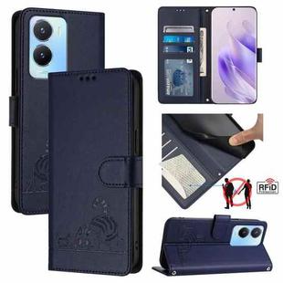 For vivo Y16 4G Global Cat Rat Embossed Pattern RFID Leather Phone Case with Lanyard(Blue)