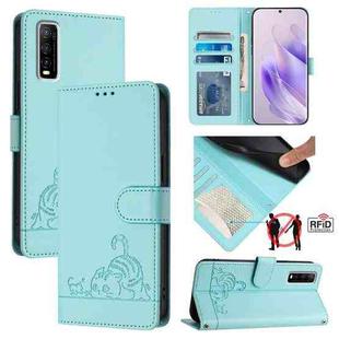 For vivo Y70S Cat Rat Embossed Pattern RFID Leather Phone Case with Lanyard(Mint Green)