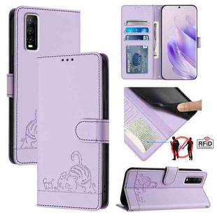 For vivo Y70S Cat Rat Embossed Pattern RFID Leather Phone Case with Lanyard(Purple)