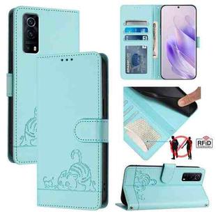 For vivo Y72 5G / iQOO Z3 / Y52 5G Cat Rat Embossed Pattern RFID Leather Phone Case with Lanyard(Mint Green)