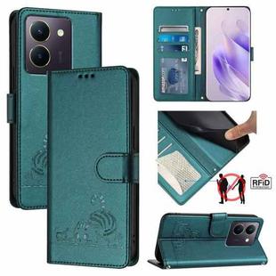 For vivo Y27S 4G Global Cat Rat Embossed Pattern RFID Leather Phone Case with Lanyard(Peacock Green)
